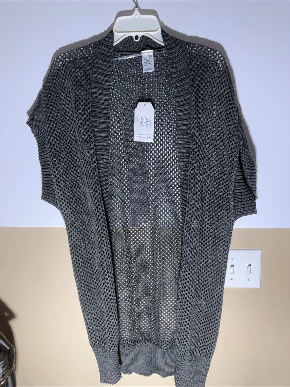 Time and Tru Charcoal Open Mesh Short Sleeve Cardigan